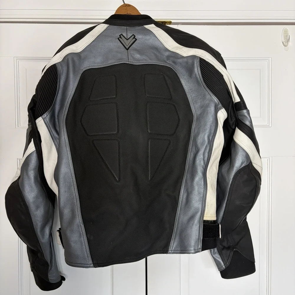 Frank Thomas‎ Motorcycle Jacket Mens 46 Leather Padded Sport Racing Black Silver